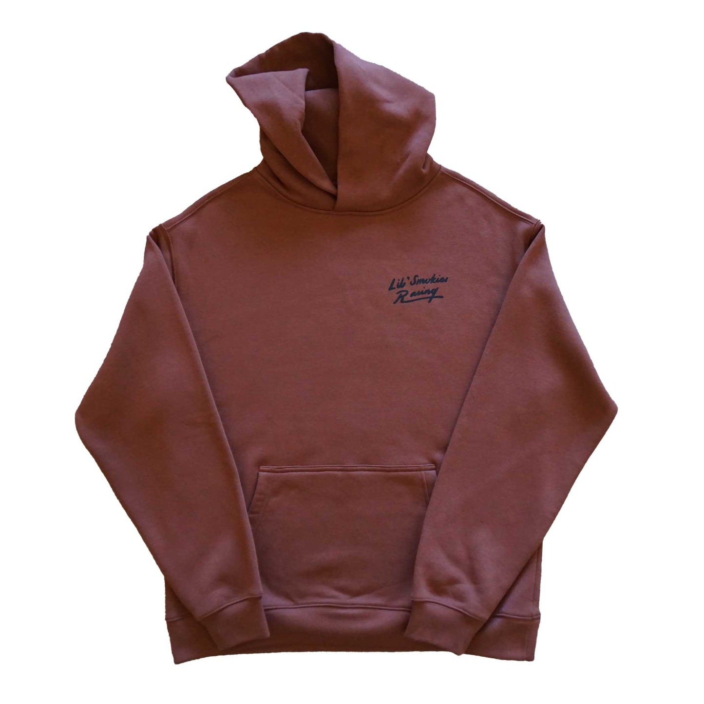 Adult hoodie in the color Clay with Lil Smokies Racing written in black. Kangaroo pocket with no drawcord on the hoodie.