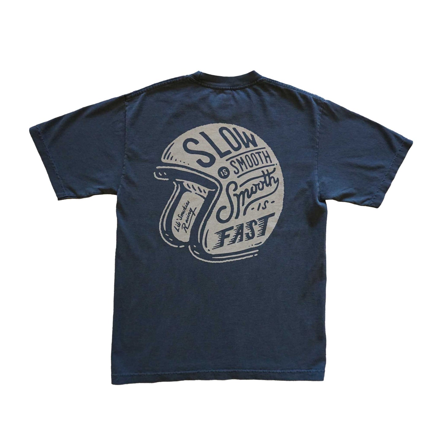 Faded Black short sleeve adult tee with vintage helmet logo in tan with the words Slow is Smooth, Smooth is Fast.