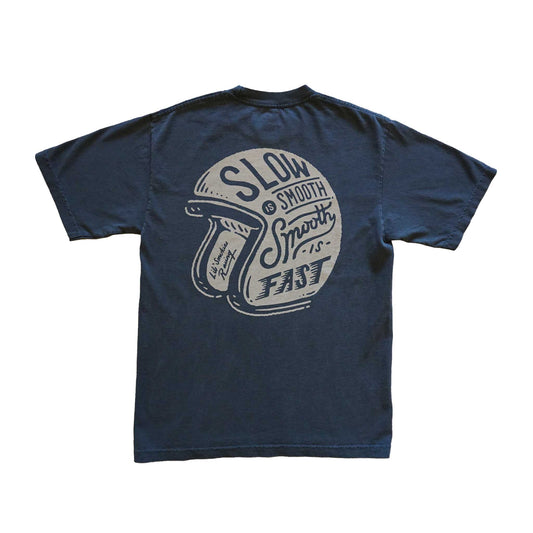 Faded Black short sleeve adult tee with vintage helmet logo in tan with the words Slow is Smooth, Smooth is Fast.