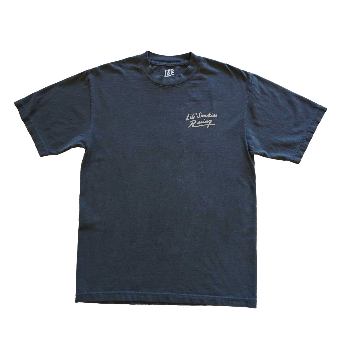 Faded black adult tee shirt with Lil Smokies Racing script in tan color.