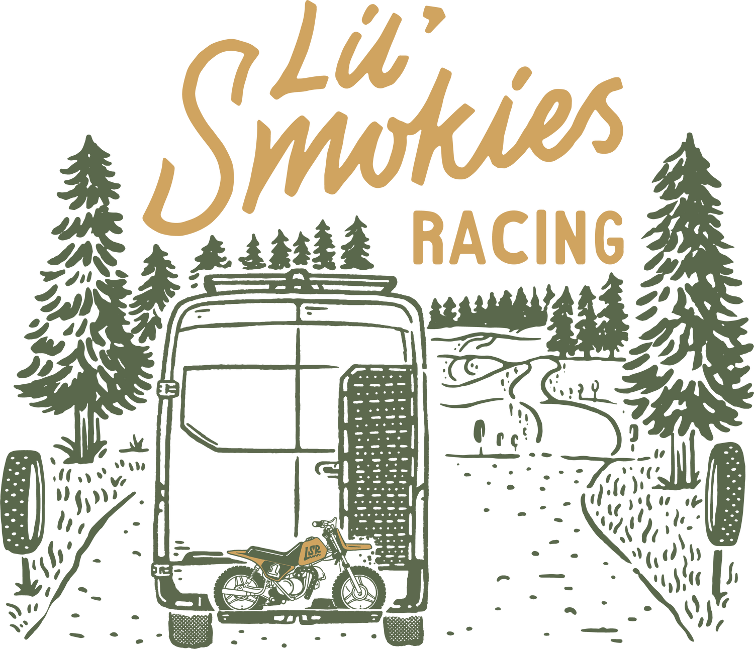 art work featuring Mercedes Sprinter van and Yamaha PW 50 loaded on the back of the van. The van is driving to the motocross track. looks to be Washougal MX but could be anywhere in the Northwest. Geared up and ready to race motocross.