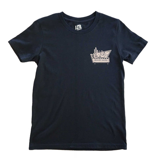 Youth sizing in Lil Smokies Road Sign Tee . Left front chest laydown with the Road Sign logo. A throwback to a western style design road sign with cactus and rope lettering