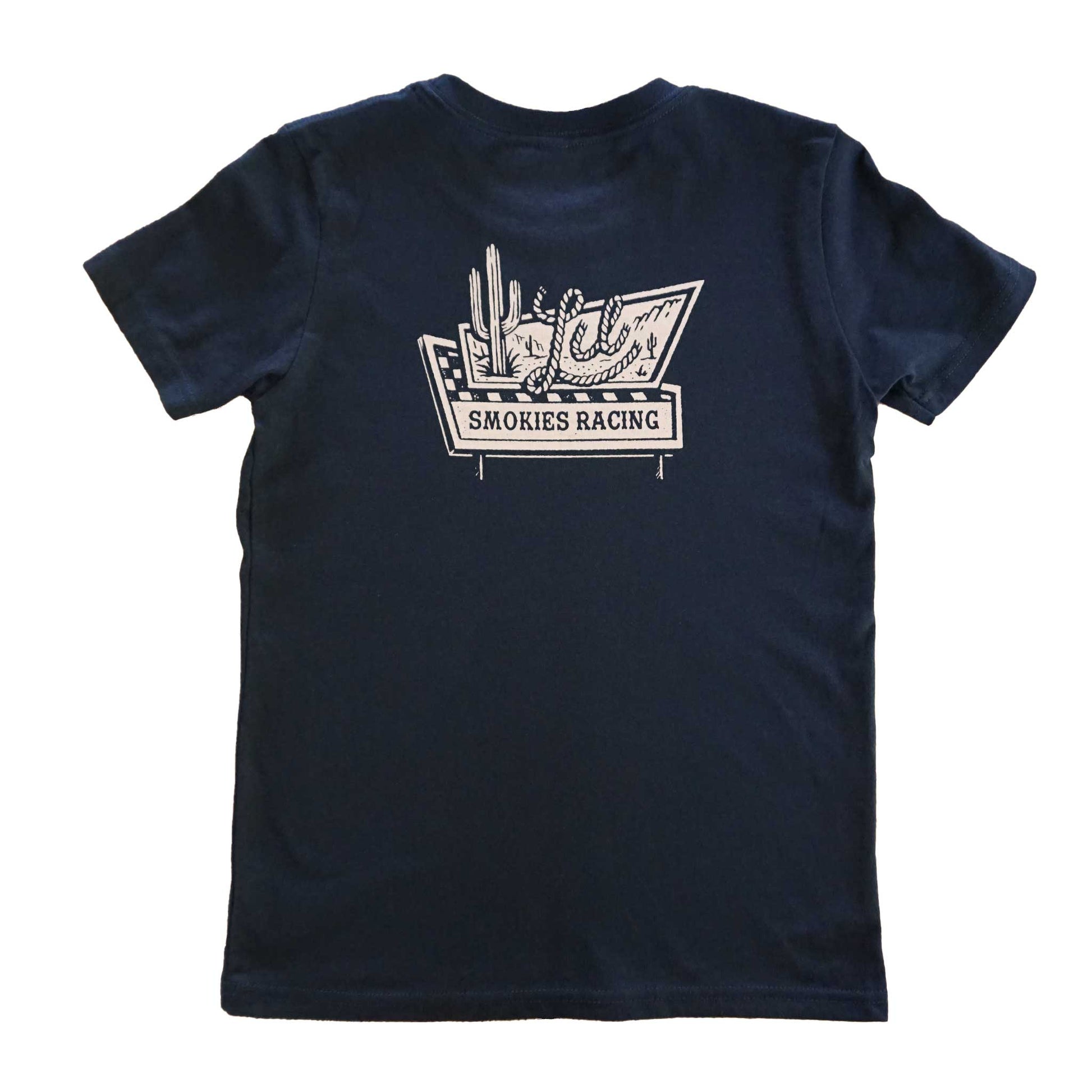Back laydown image of the Lil Smokies Racing Road Sign tee. Oversized graphic of a throwback road sign design with a western look. Cactus and rope lettering giving a southwest vibe.