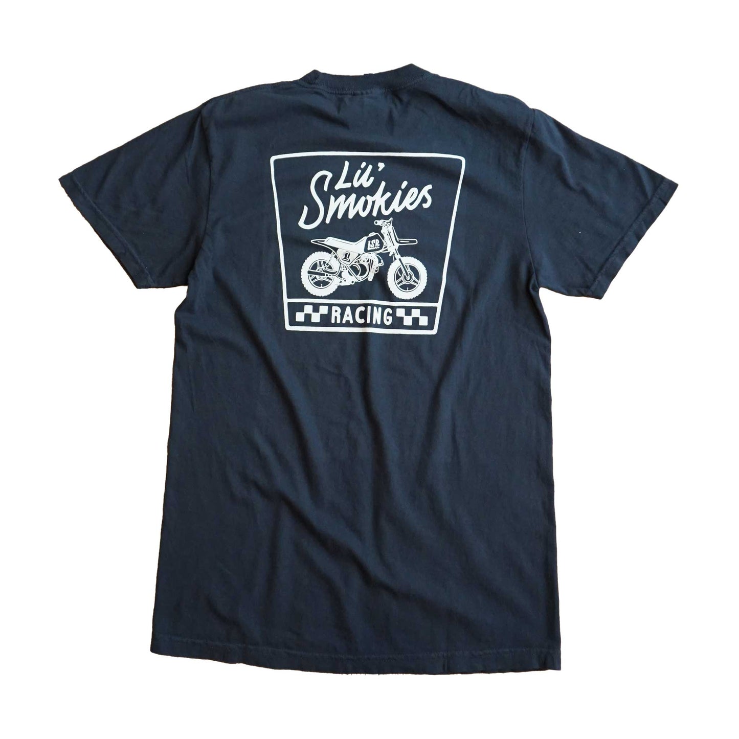Black adult shortsleeve tee with Lil Smokies Racing font logo. Original Lil Smokies Racing design of a 50cc dirtbike with custom LSR graphic and number 1 plate.