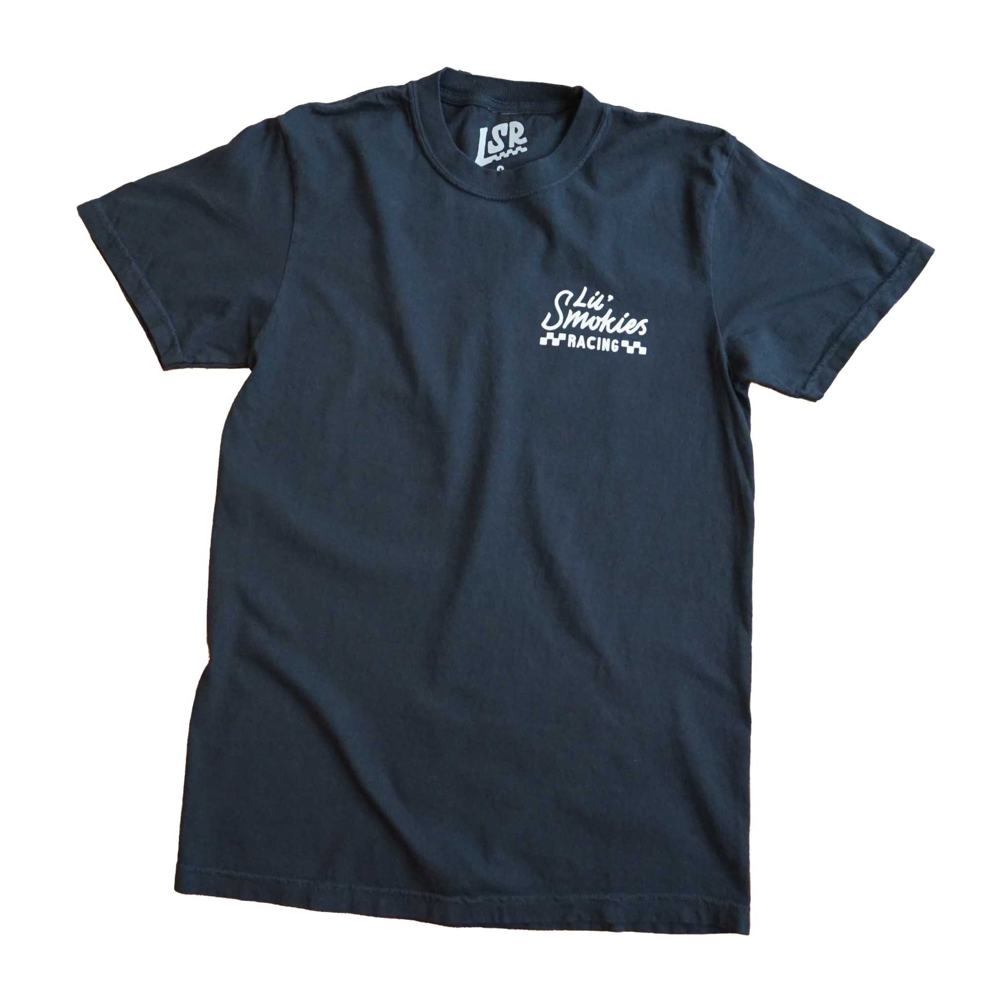 Front image of the short sleeve tee shirt showing the left front chest hit with the original Lil Smokies Racing logo in white waterbased ink. and the peak through of the LSR interior branding.