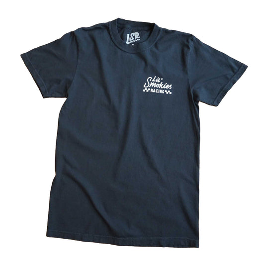 Front image of the short sleeve tee shirt showing the left front chest hit with the original Lil Smokies Racing logo in white waterbased ink. and the peak through of the LSR interior branding.