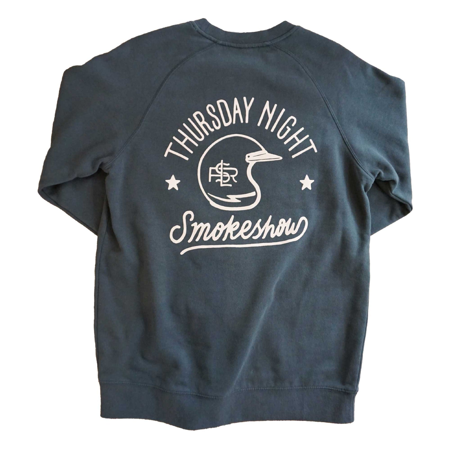 Smokeshow motocross sweatshirt in adark grey raglan crew neck. Nightly motocross smokeshow on Thursdays.