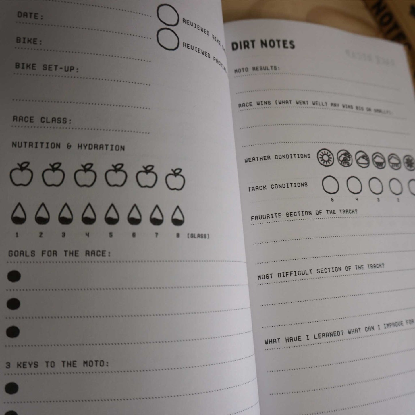 For dirt bike aficionados who love to journal their racing adventures, this planner is a must-have. With its captivating dirt bike design, it's the perfect companion for documenting thrilling races, reflecting on experiences, and planning future rides. Fuel your passion for both journaling and dirt bike racing - order now and start capturing your dirt-filled journeys! Dirt Notes, a race craft journal.