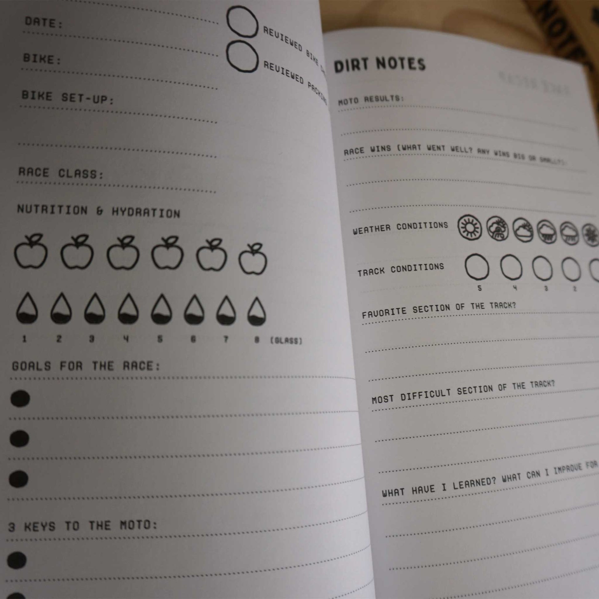 For dirt bike aficionados who love to journal their racing adventures, this planner is a must-have. With its captivating dirt bike design, it's the perfect companion for documenting thrilling races, reflecting on experiences, and planning future rides. Fuel your passion for both journaling and dirt bike racing - order now and start capturing your dirt-filled journeys! Dirt Notes, a race craft journal.