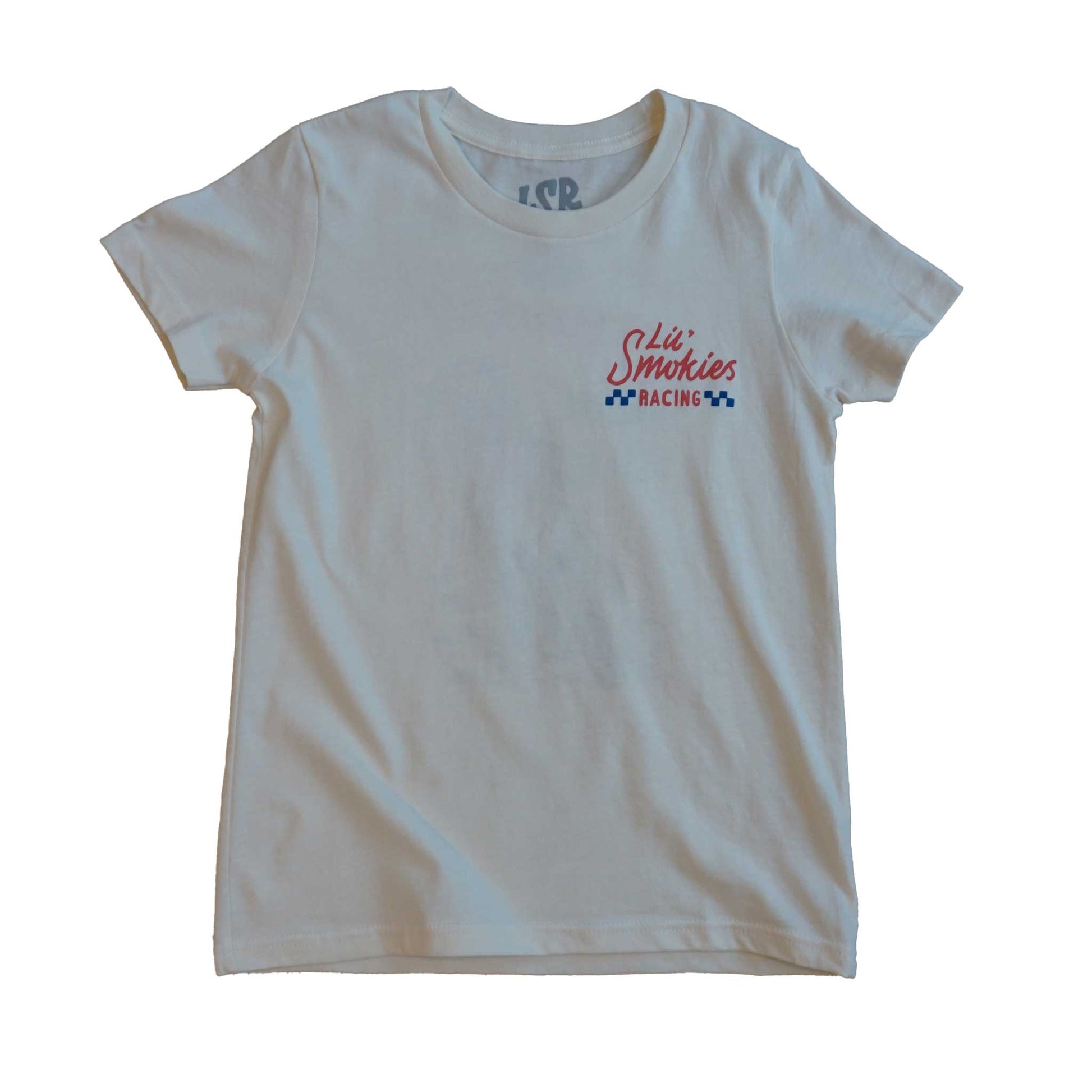 Front image of the short sleeve tshirt in ivory with the Lil' Smokies Racing logo on the left front chest. Printed in waterbased ink in a faded red and soft blue. The image also shows a peek of the interior custom interior branding.