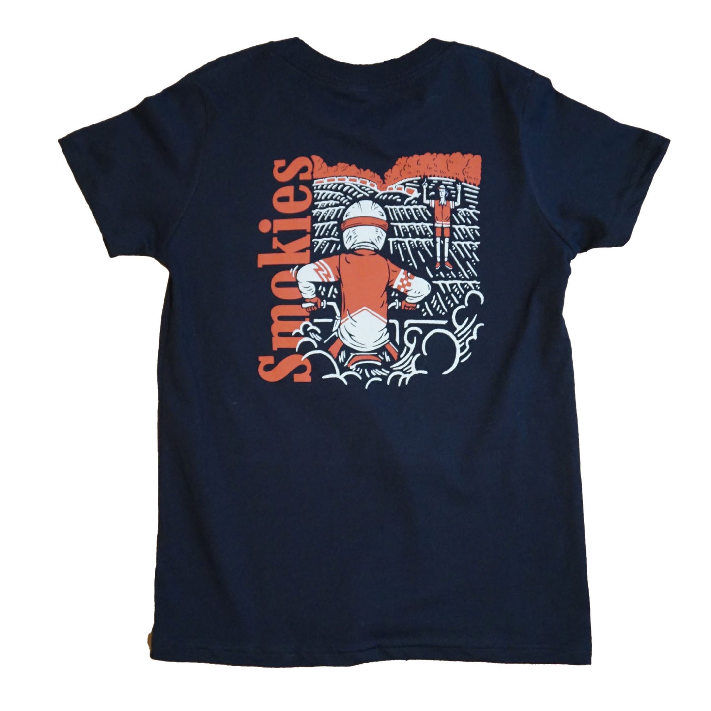 Back image of the Smokies black tshirt in youth sizing. Full graphic on the back with the word Smokies written vertical on the left in red with a dirt bike rider elbows up at the starting gate waiting for the starter to come back and drop the gate.