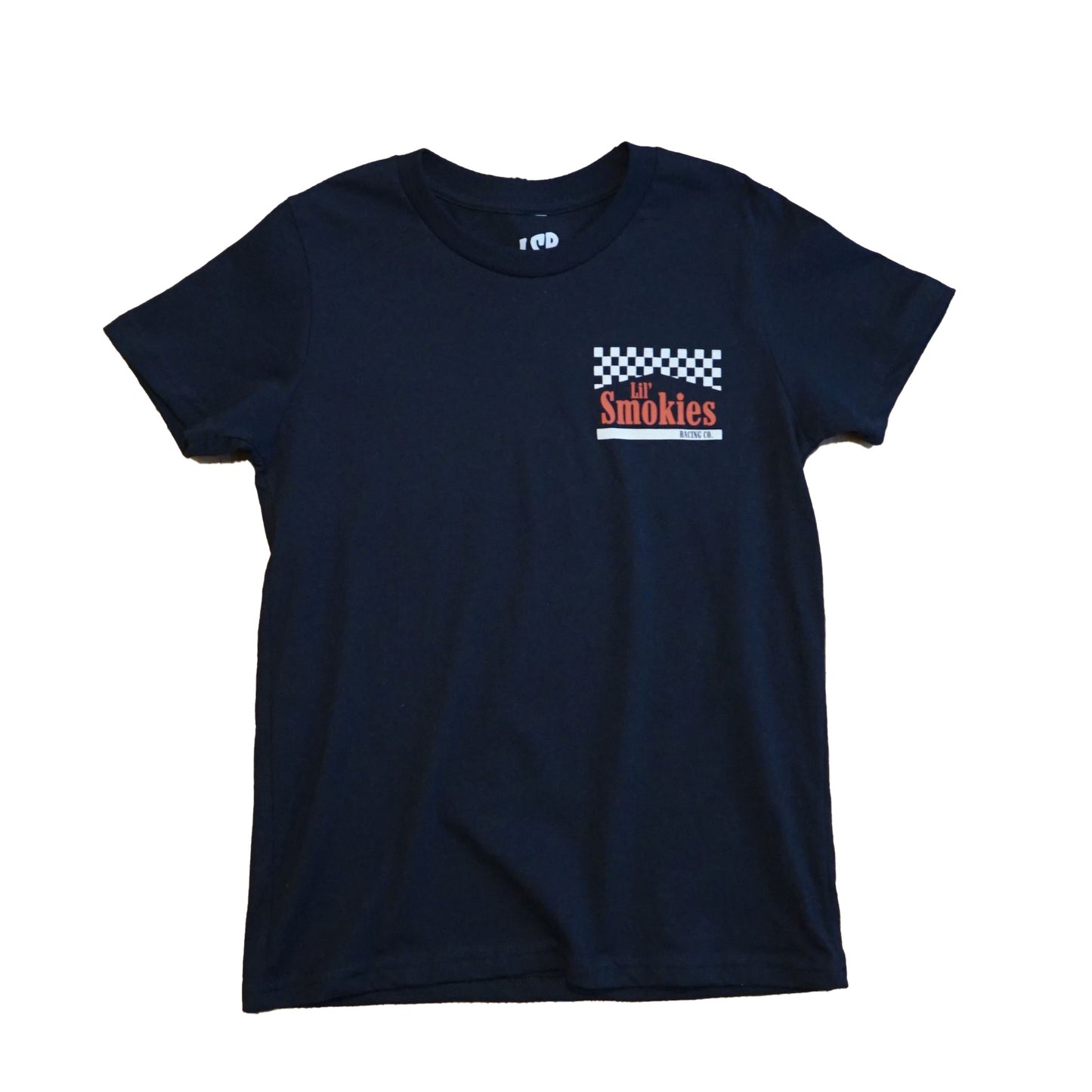 Front image of the youth Smokies tshirt showing the left front chest with a checkered black and white flag with the words Lil Smokies in red ink. Interior branding shot of the LSR custom branding in all apparel
