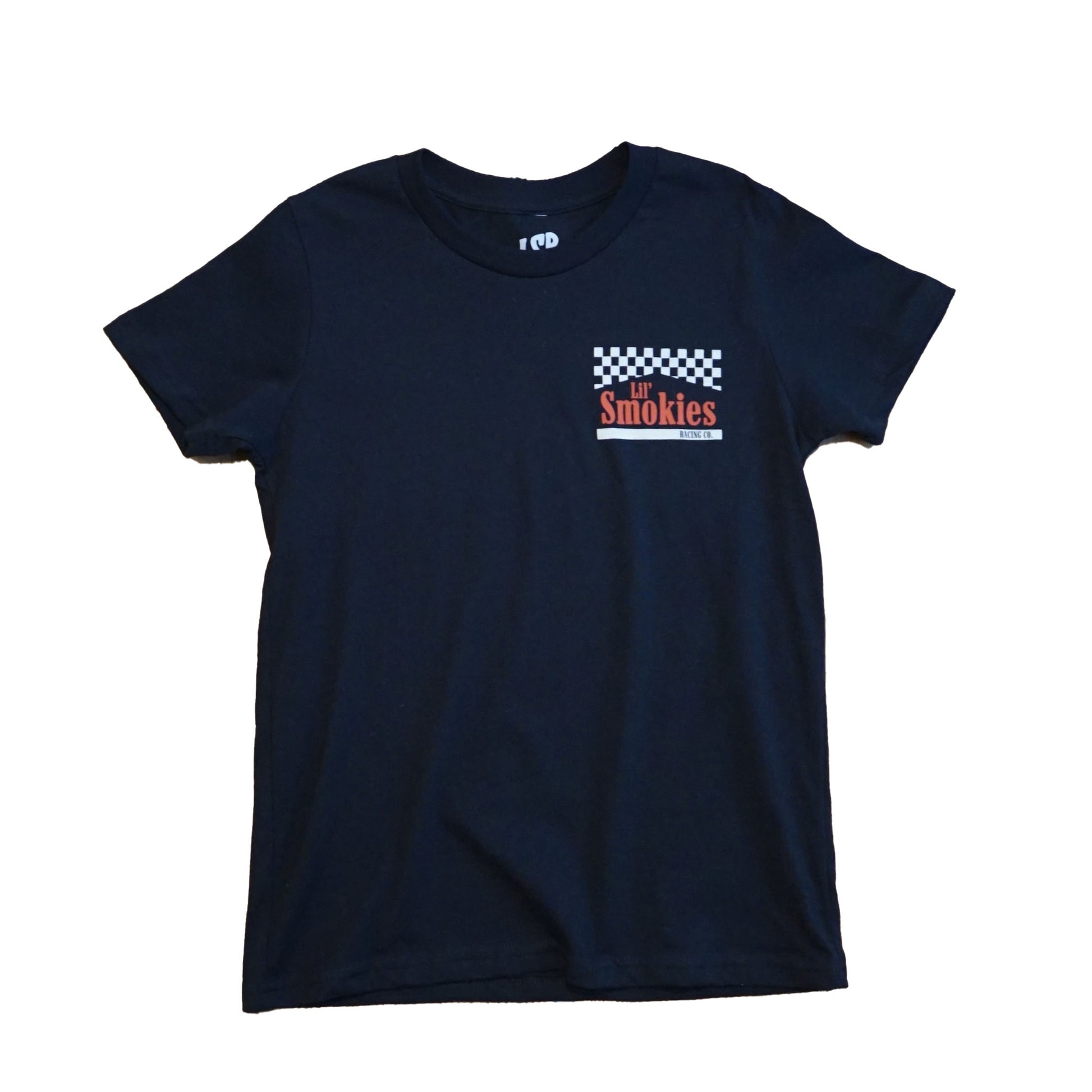 Front image of the youth Smokies tshirt showing the left front chest with a checkered black and white flag with the words Lil Smokies in red ink. Interior branding shot of the LSR custom branding in all apparel
