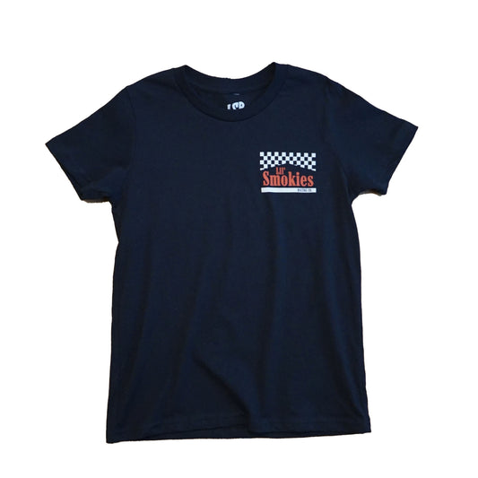 Front image of the youth Smokies tshirt showing the left front chest with a checkered black and white flag with the words Lil Smokies in red ink. Interior branding shot of the LSR custom branding in all apparel