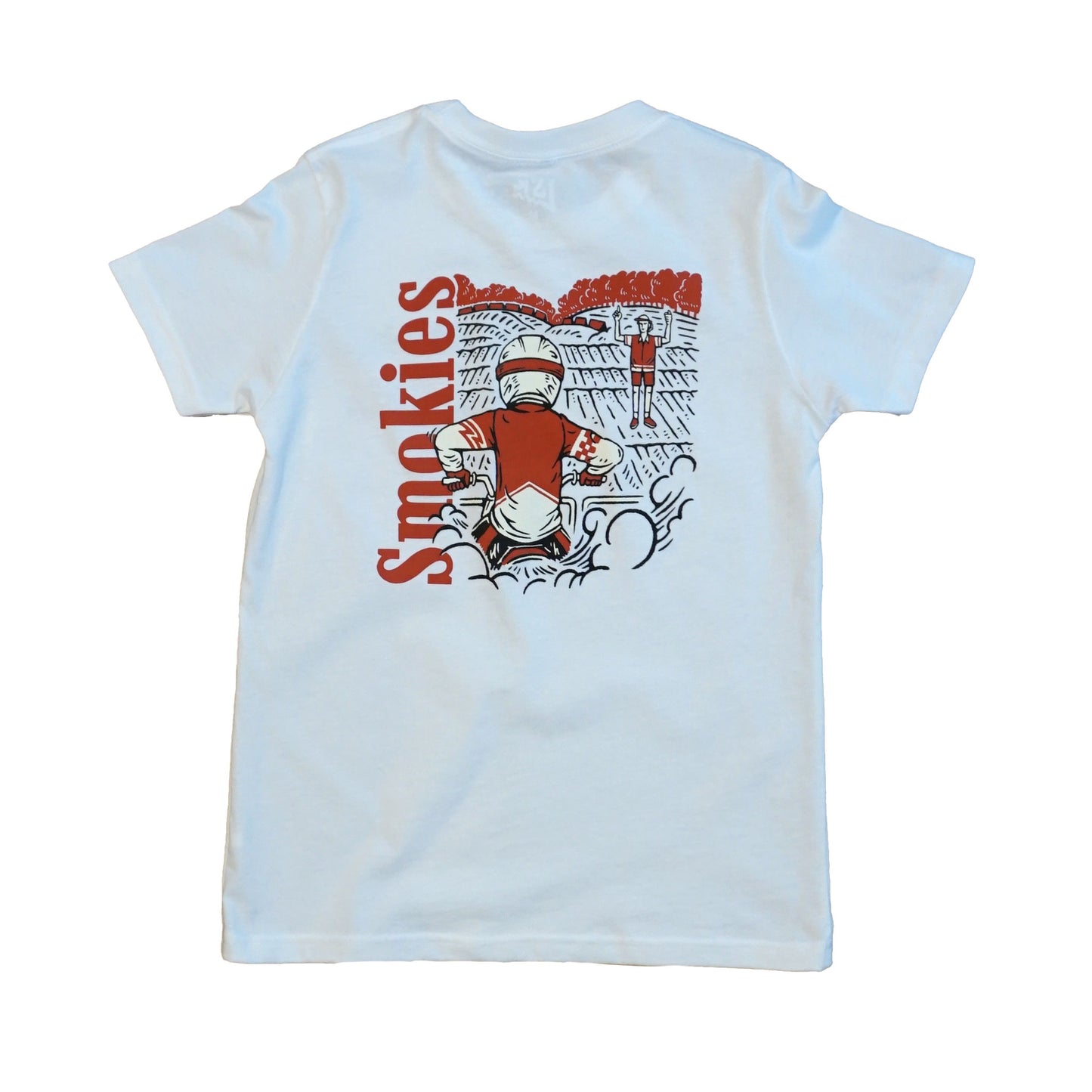 Back image of the Smokies white tshirt in youth sizing. Full graphic on the back with the word Smokies written vertical on the left in red with a dirt bike rider elbows up at the starting gate waiting for the starter to come back and drop the gate.