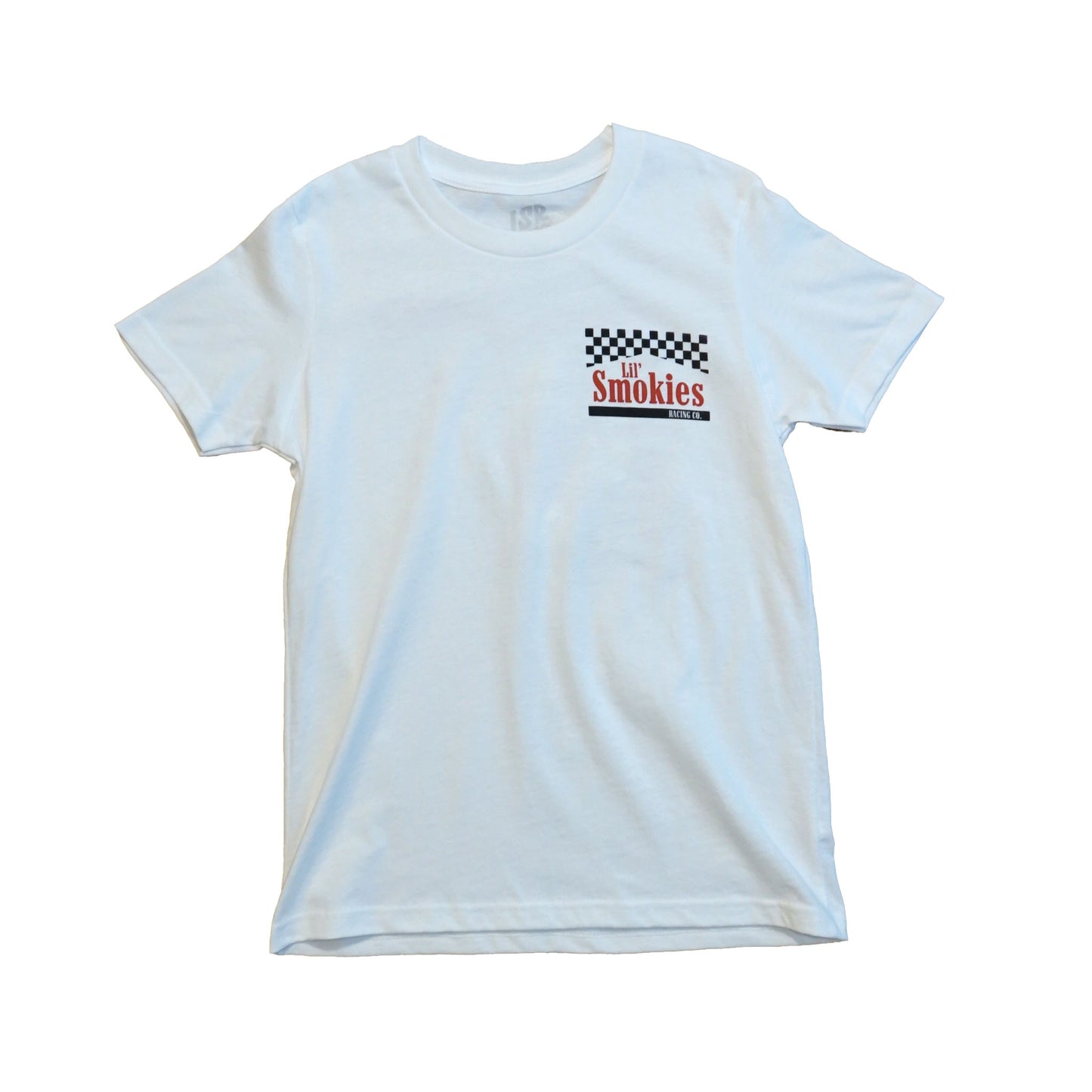 Front image of the youth Smokies tshirt showing the left front chest with a checkered black and white flag with the words Lil Smokies in red ink. Interior branding shot of the LSR custom branding in all apparel