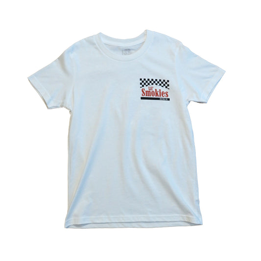 Front image of the youth Smokies tshirt showing the left front chest with a checkered black and white flag with the words Lil Smokies in red ink. Interior branding shot of the LSR custom branding in all apparel