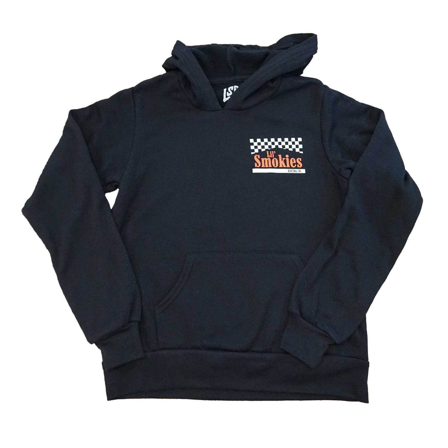 Front image of the youth Smokies hoodie showing the left front chest with a checkered black and white flag with the words Lil Smokies in red ink. Interior branding shot of the LSR custom branding in all apparel