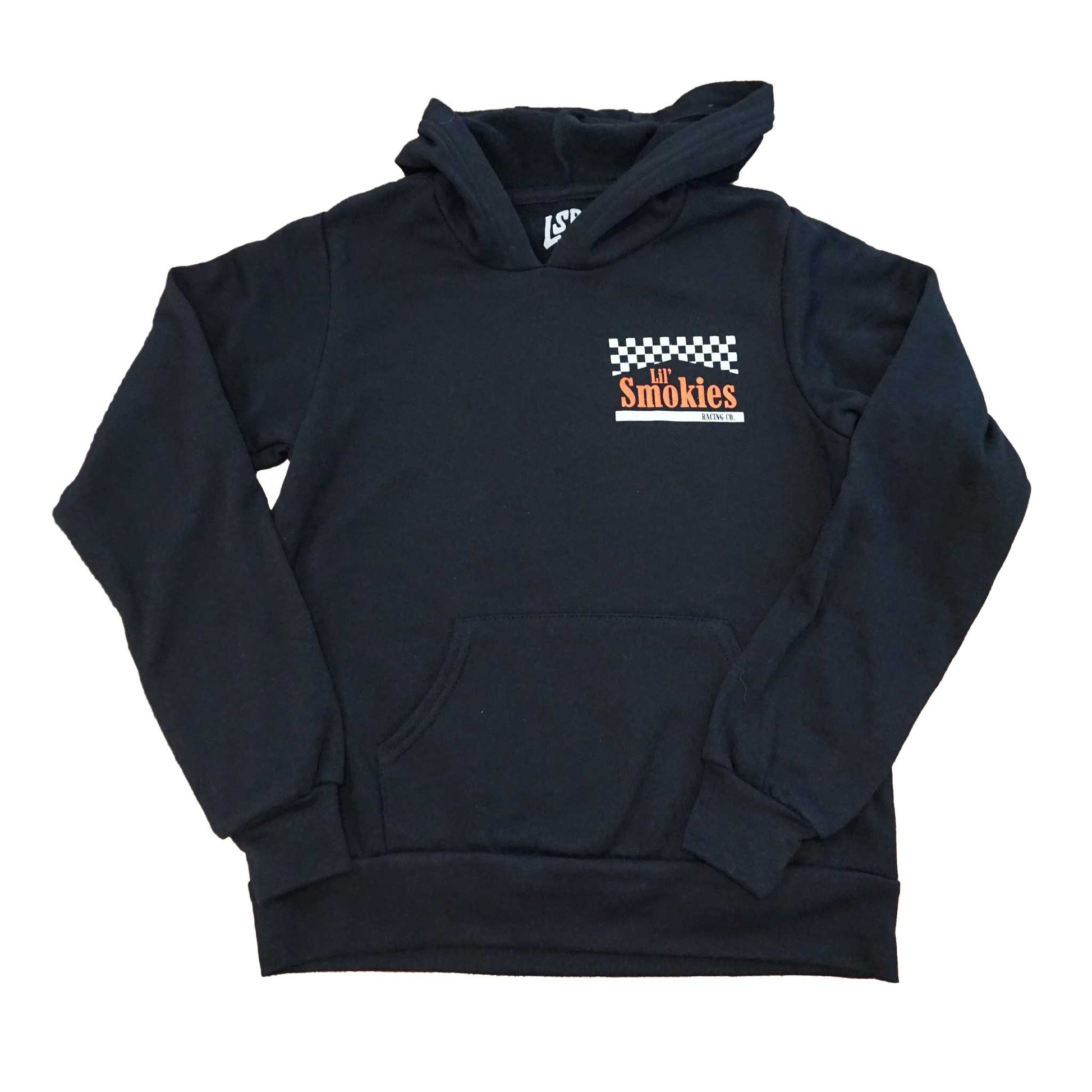 Front image of the youth Smokies hoodie showing the left front chest with a checkered black and white flag with the words Lil Smokies in red ink. Interior branding shot of the LSR custom branding in all apparel