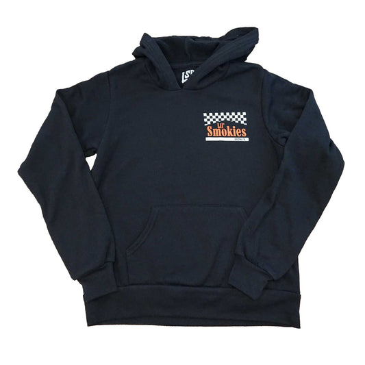 Front image of the youth Smokies hoodie showing the left front chest with a checkered black and white flag with the words Lil Smokies in red ink. Interior branding shot of the LSR custom branding in all apparel