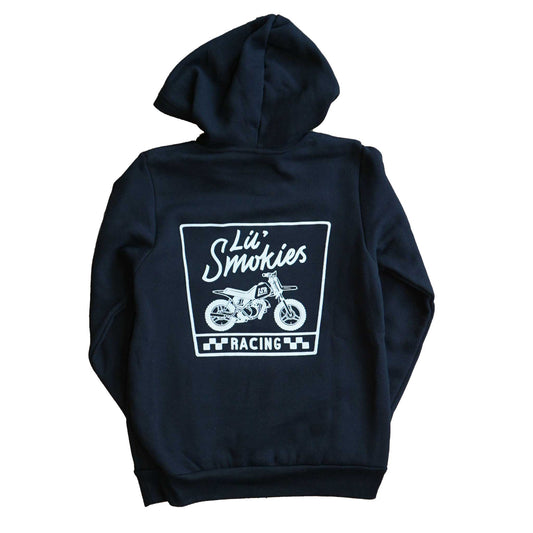 Youth black long sleeve hoodie featuring the back design of the classic Lil Smokies Racing branding with a dirtbike in white ink. The dirt bike is an original design with LSR graphics and a #1 plate.
