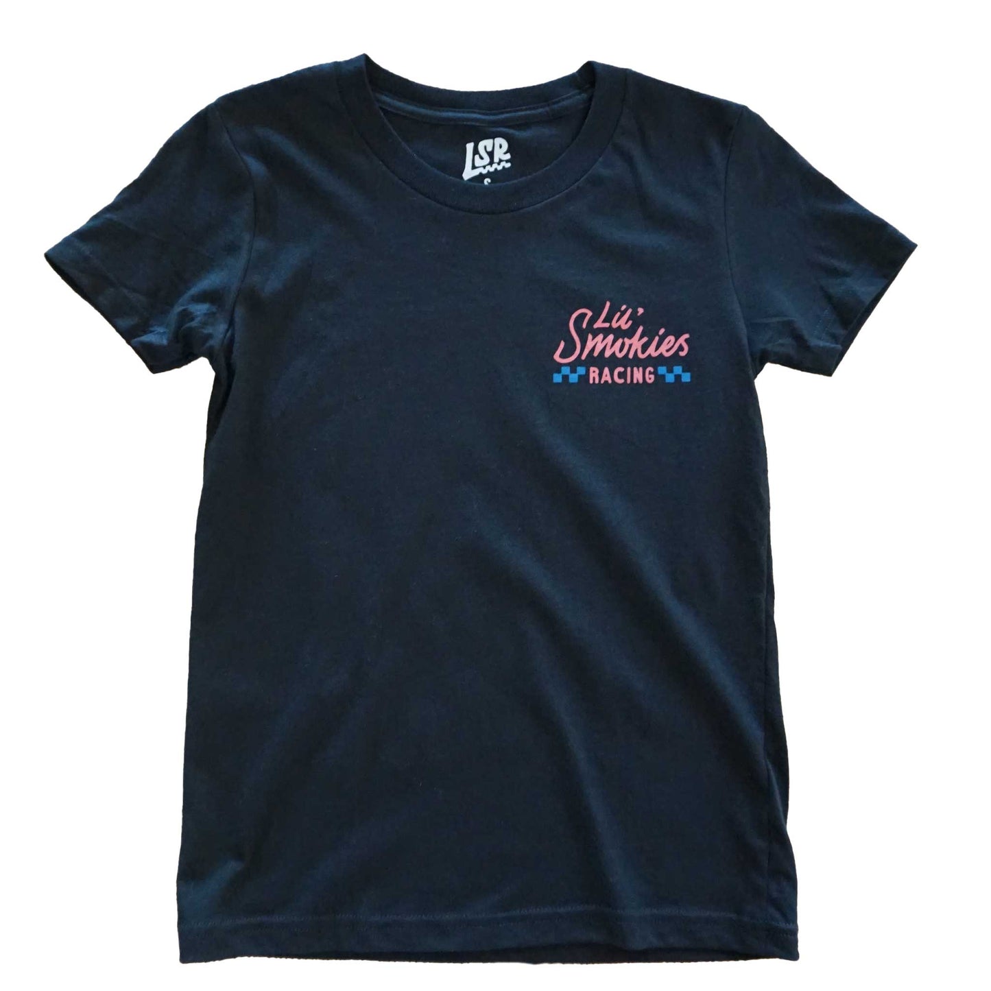 Youth short sleeve black tshirt front image with the left front chest Lil Smokies racing logo in a soft red and blue colorway. Also visible is the custome LSR interior branding in grey.