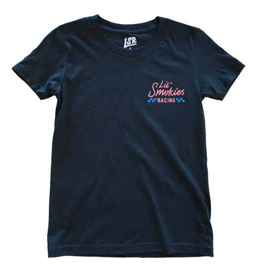 Youth short sleeve black tshirt front image with the left front chest Lil Smokies racing logo in a soft red and blue colorway. Also visible is the custome LSR interior branding in grey.