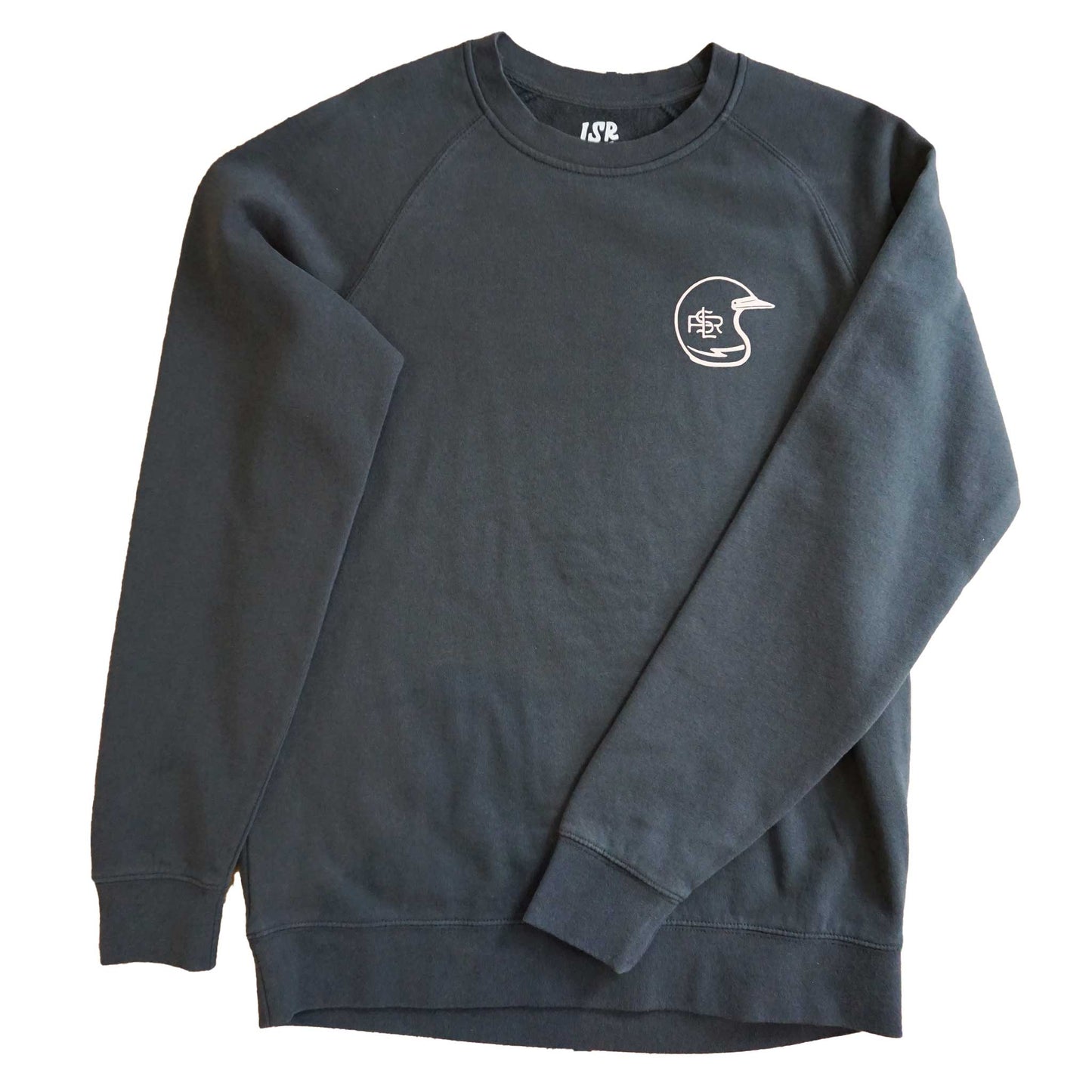 Motocross dark grey crew neck sweatshirt with raglan sleeves. Small motocross helmet on the left chest with Lil Smokies Racing logo and lightening bolt.