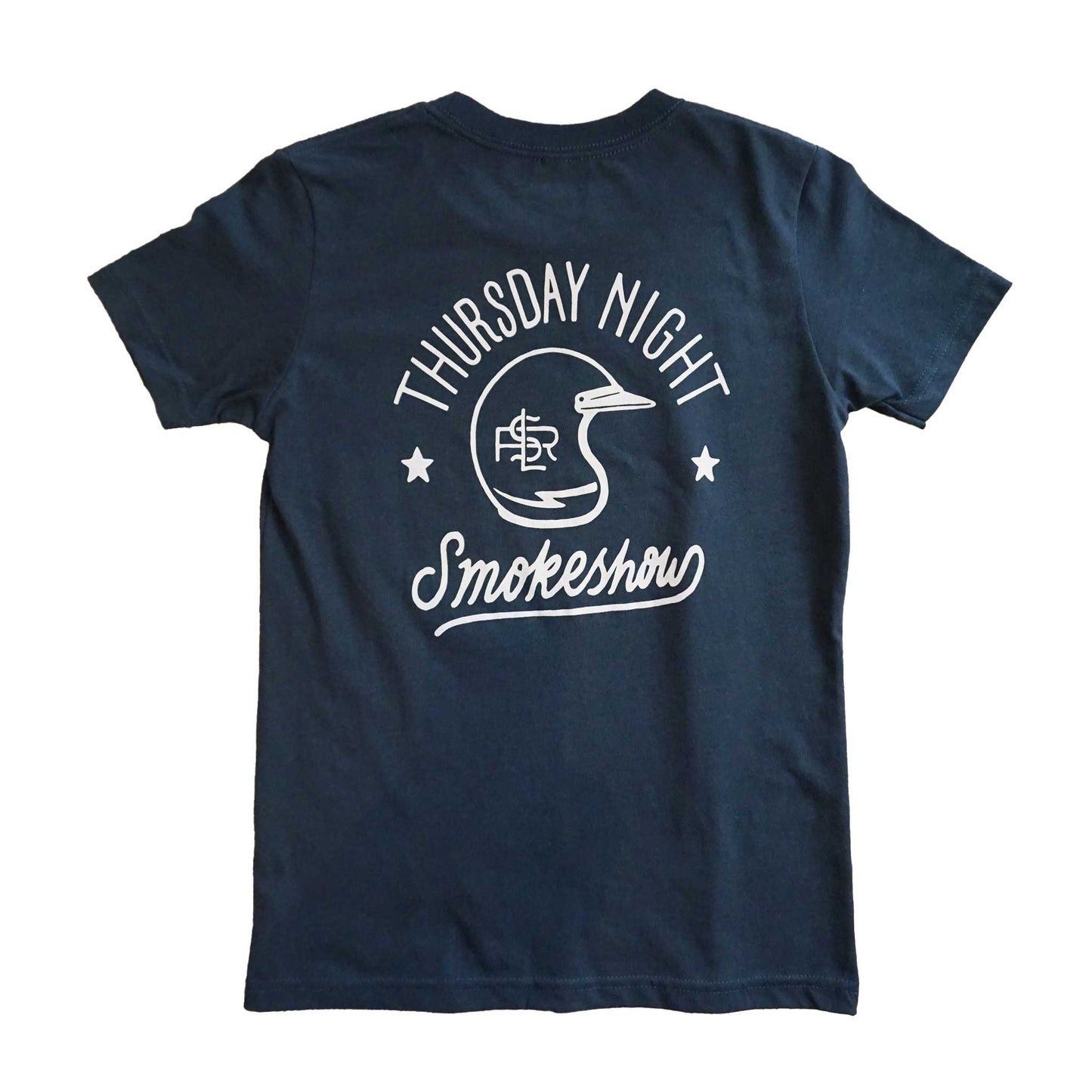Youth black short sleeve graphic tees shirt back image of words Thursday Night Smokeshow with a vintage moto helmet with lightning bolt and LSR branding. Shirt is black and graphic is taupe in water based ink.