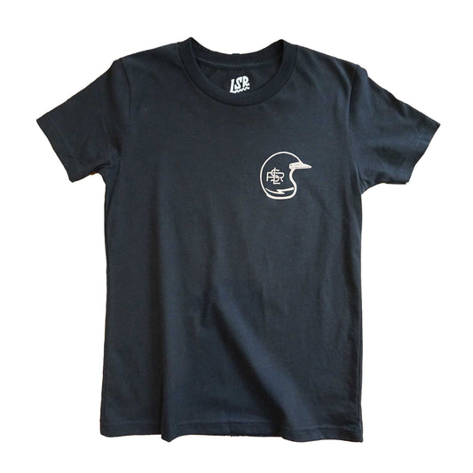 Front image of the short sleeve black tee with a left front chest graphic of a vintage dirt bike helmet and LSR branding with a lightning bolt. printed in taupe with water based ink.