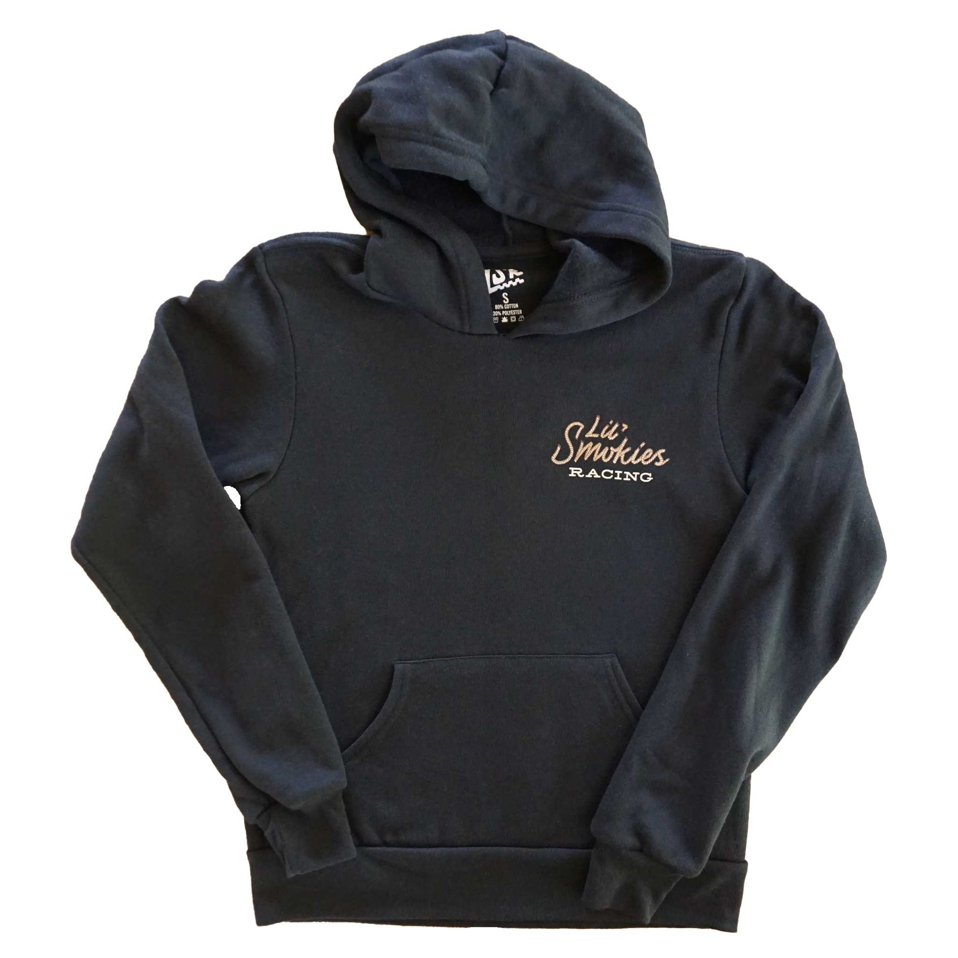 Front lay down image of the Cowboy Hotdog Hoodie in youth sizing. Showing interior branding with LSR and sizing. Front left chest Lil Smokies Logo in western style with Lil Smokies in rope font.
