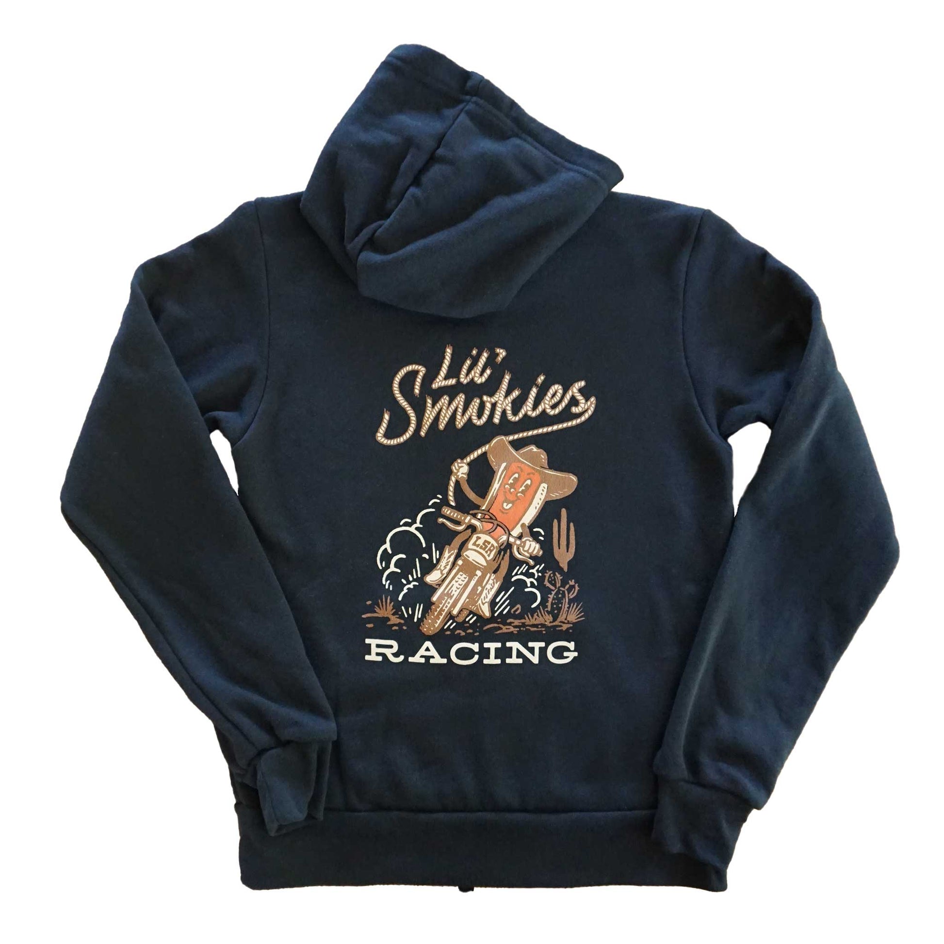 back laydown image of the Cowboy hotdog hoodie. Lil Smokies written in the cowboy's lasso in rope. A cowboy hotdog with cowboy hat and cowboy boots riding a dirtbike in the desert with cactus and dirt road.