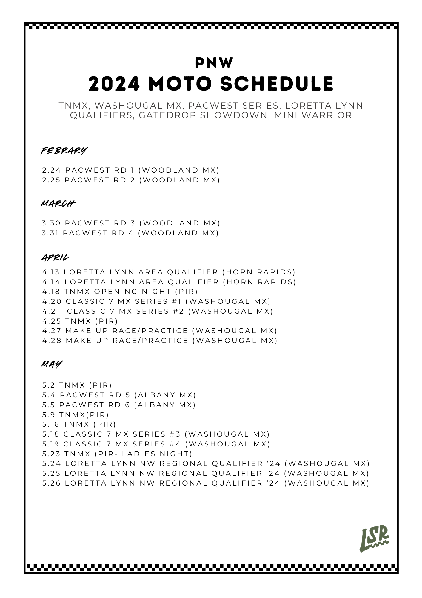 2024 PNW Moto Schedule -  FREE Digital Download