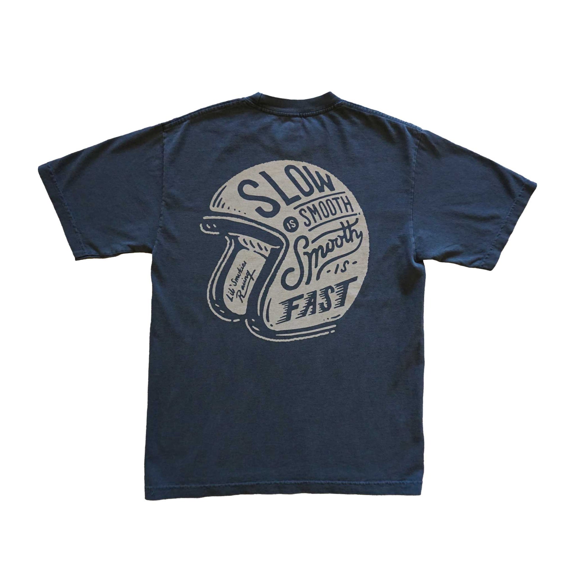 Faded Black short sleeve adult tee with vintage helmet logo in tan with the words Slow is Smooth, Smooth is Fast. 