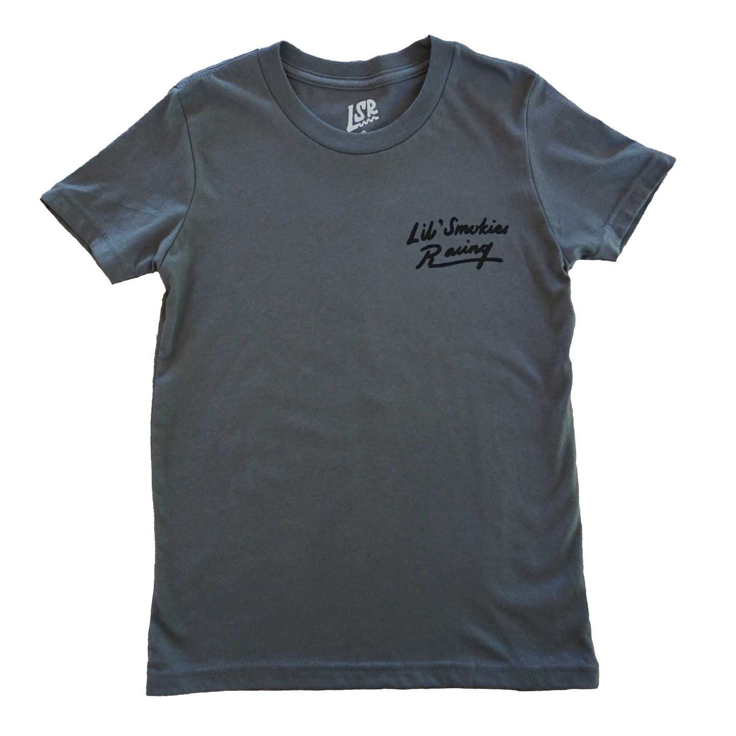 Youth Short Sleeve tshirt in the color asphalt with Lil Smokies Racing logo in script in the color black ink 