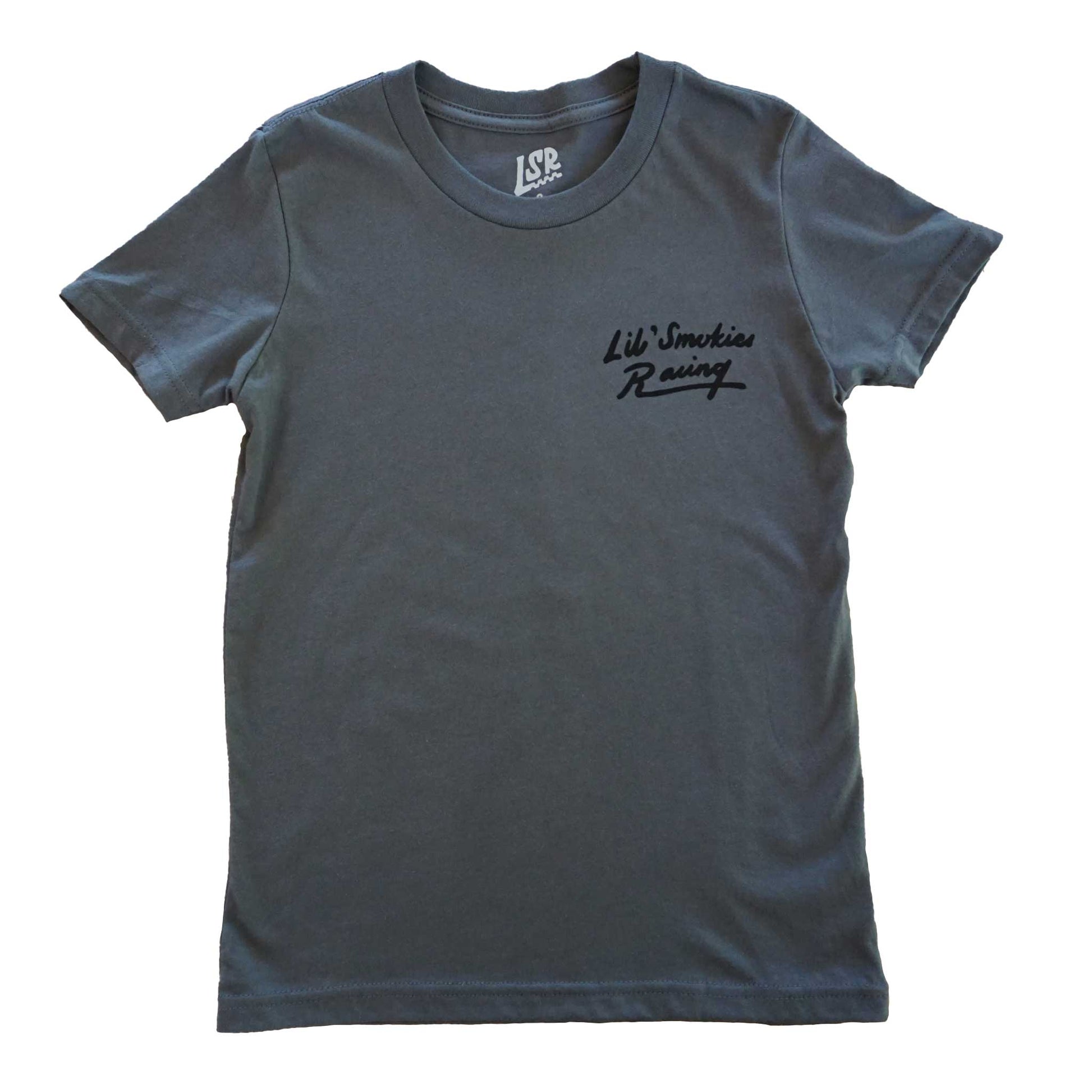 Youth Short Sleeve tshirt in the color asphalt with Lil Smokies Racing logo in script in the color black ink 