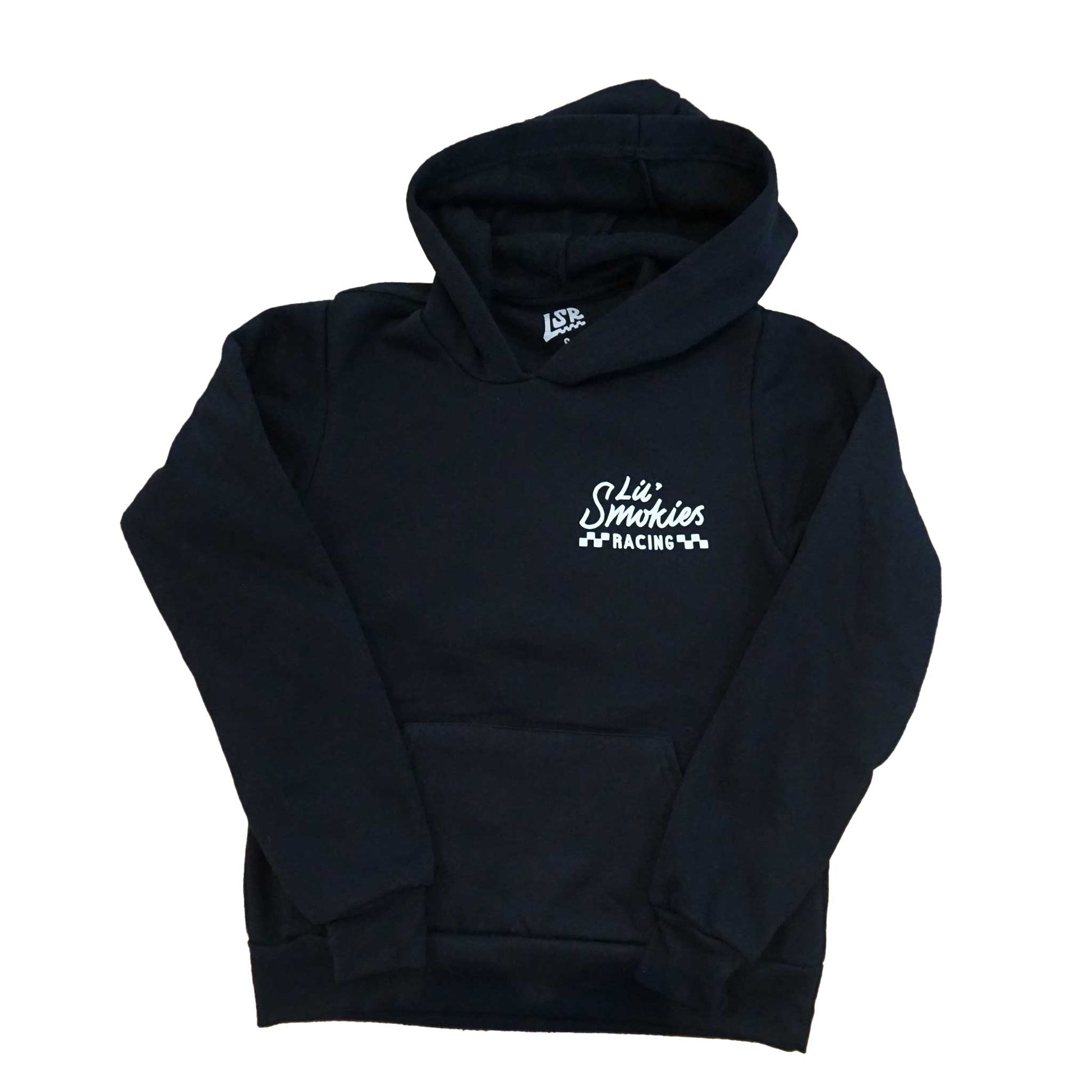 Front image of the LSR Dirt Bike hoodie in youth in the color black. Left chest Lil Smokies Branding in white ink and photo of the kangaroo pocket on the hoodie. No strings on this hoodie to get caught. Interior custom branding 