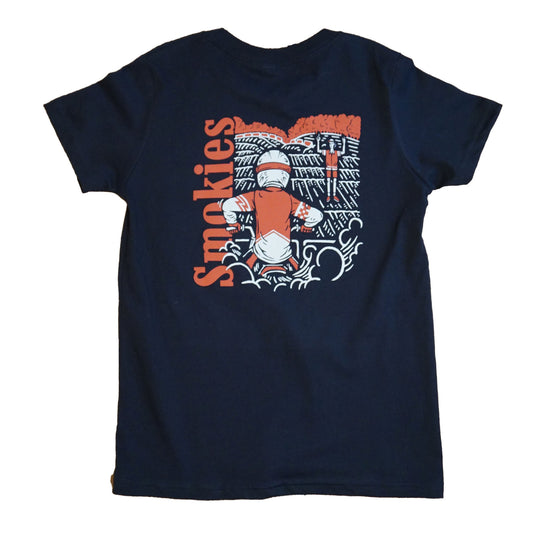 Back image of the Smokies black tshirt in youth sizing. Full graphic on the back with the word Smokies written vertical on the left in red with a dirt bike rider elbows up at the starting gate waiting for the starter to come back and drop the gate.