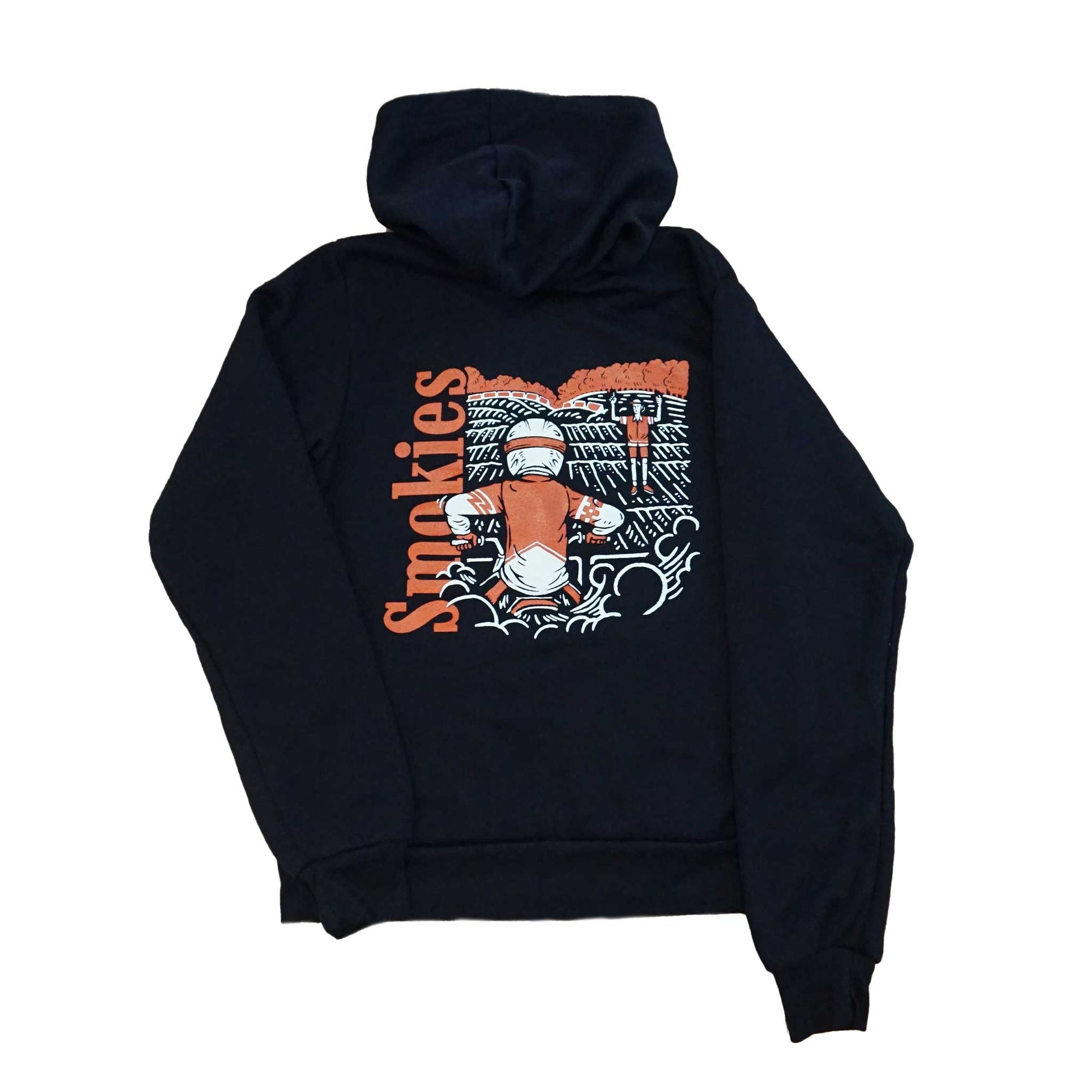 Back image of the Smokies black hoodie in youth sizing. Full graphic on the back with the word Smokies written vertical on the left in red with a dirt bike rider elbows up at the starting gate waiting for the starter to come back and drop the gate.