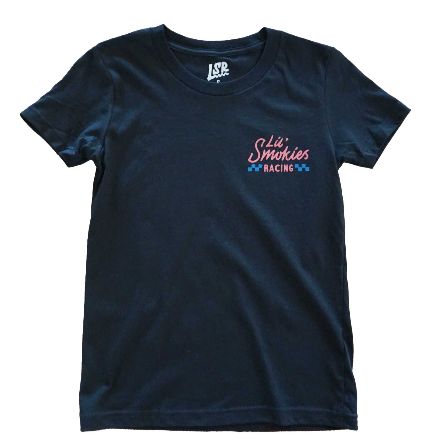 Youth short sleeve black tshirt front image with the left front chest Lil Smokies racing logo in a soft red and blue colorway. Also visible is the custome LSR interior branding in grey. 