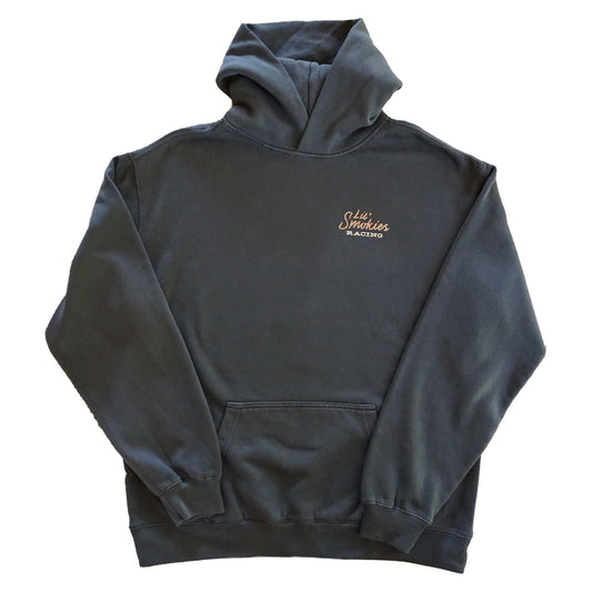 Lil Smokies Racing Faded black hoodie front laydown with Lil Smokies Racing logo on left front chest in rope lettering