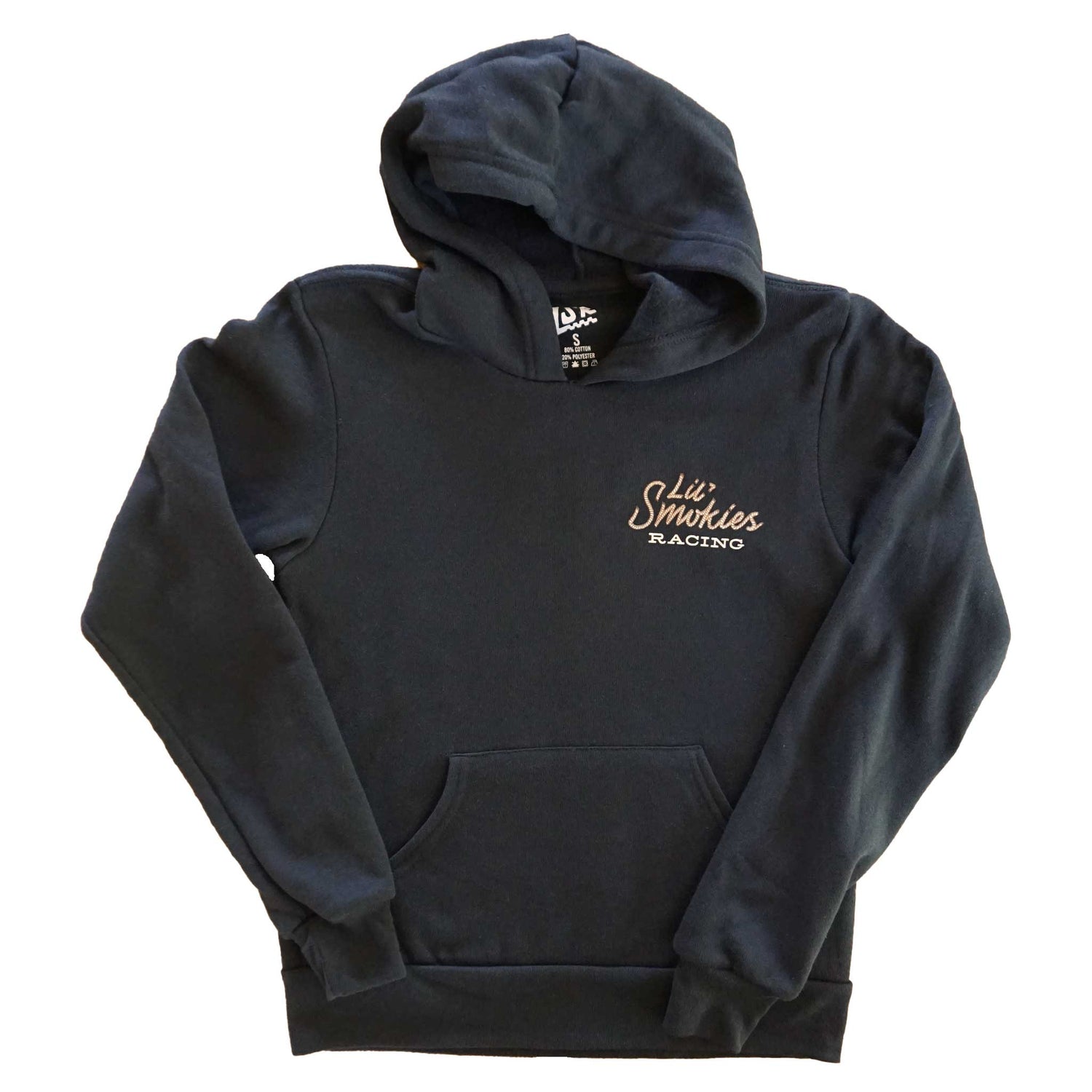 Front lay down image of the Cowboy Hotdog Hoodie in youth sizing. Showing interior branding with LSR and sizing. Front left chest Lil Smokies Logo in western style with Lil Smokies in rope font. 